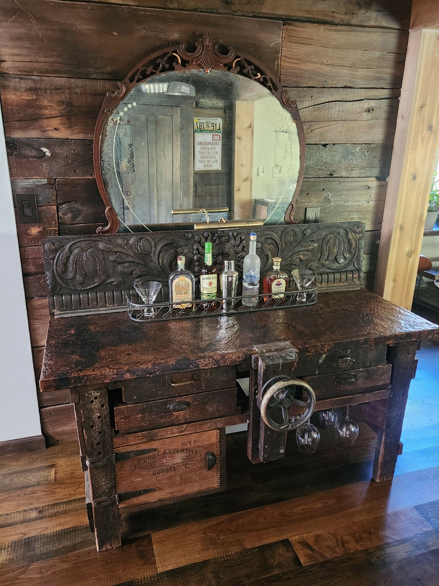 Custom Copper Top Antique work bench whiskey bar