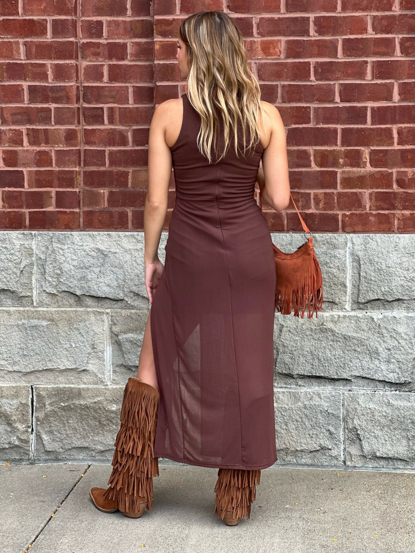 Riley Side Buckle Mesh Maxi Dress