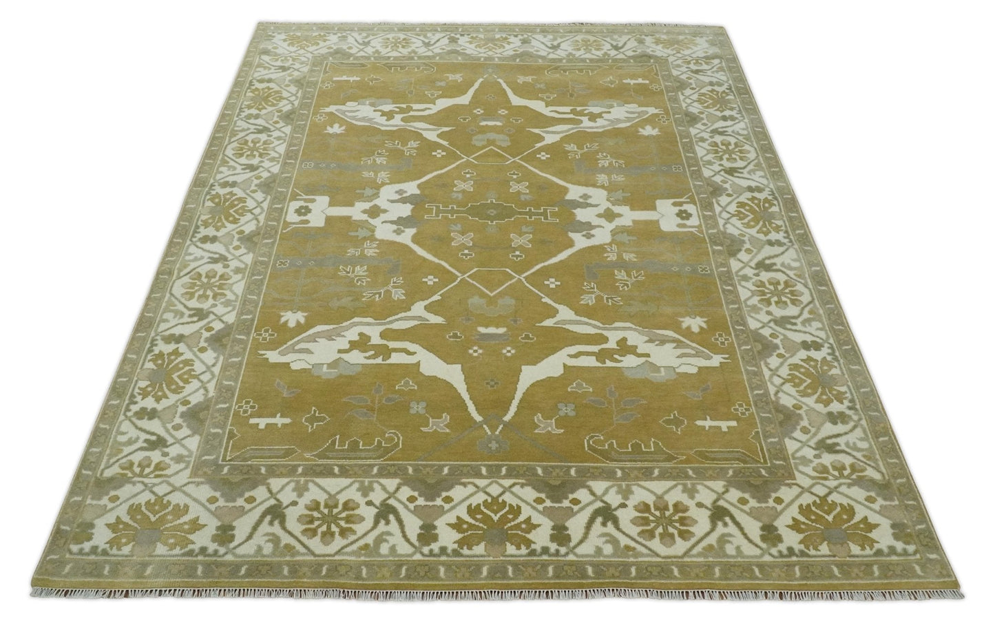 Olive, Ivory and Gray Hand knotted Oushak Custom Made Wool Rug