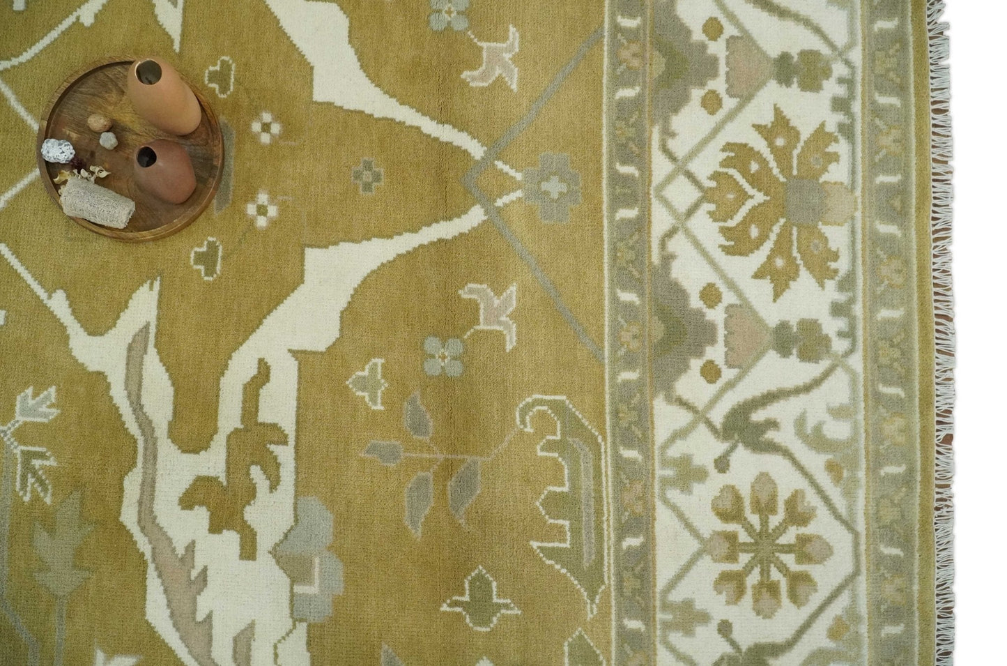 Olive, Ivory and Gray Hand knotted Oushak Custom Made Wool Rug