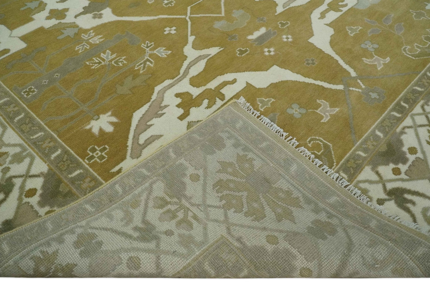 Olive, Ivory and Gray Hand knotted Oushak Custom Made Wool Rug