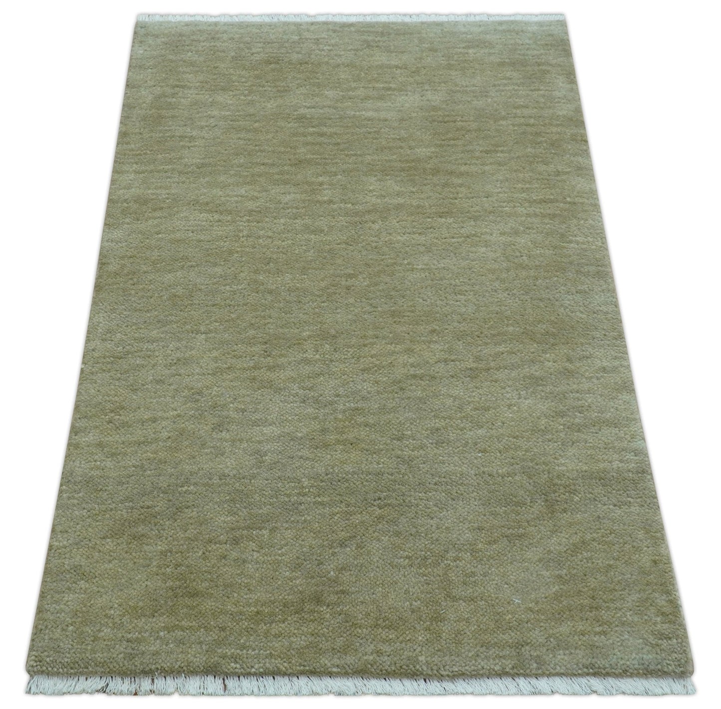 Olive Modern Solid Design Hand Knotted Wool Rug