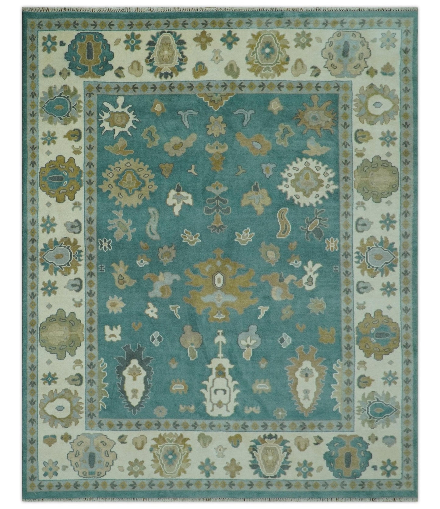 Ollie Custom Made Teal, Ivory and Olive Hand Knotted Oushak Wool Rug