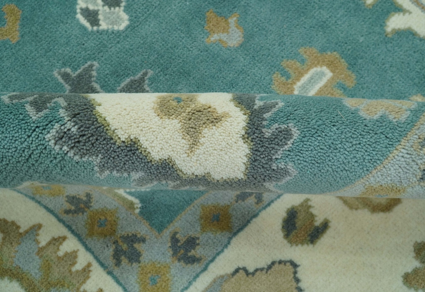 Ollie Custom Made Teal, Ivory and Olive Hand Knotted Oushak Wool Rug