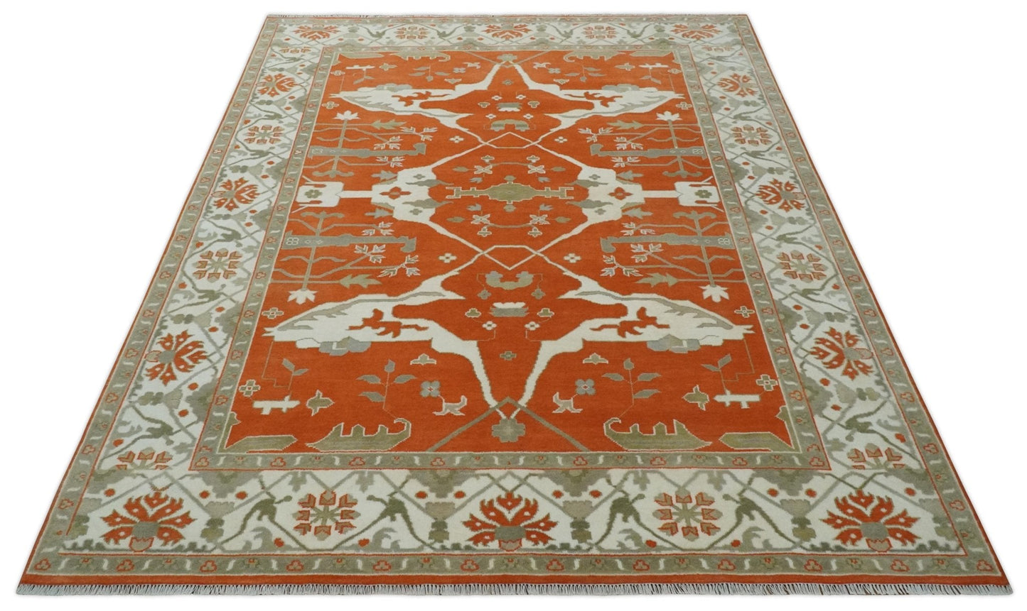 Orange, Ivory and Olive Hand knotted Oriental Oushak Multi Size wool Area Rug