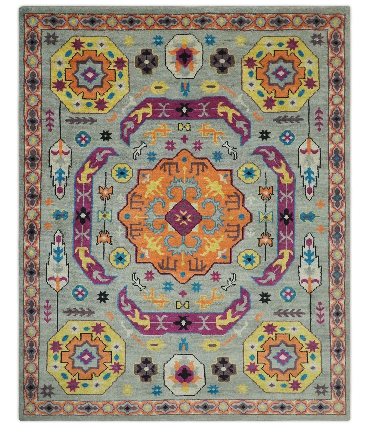 Orange, Silver and Mustard Traditional Mamluk Design Medallion Multi Size wool Area Rug