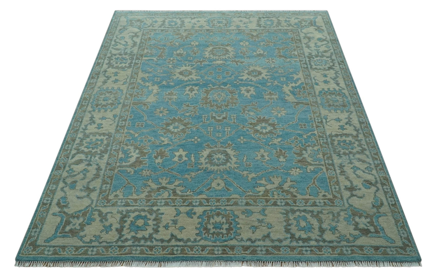 Origin Custom Made Blue and Beige Oushak Hand Knotted Wool Rug