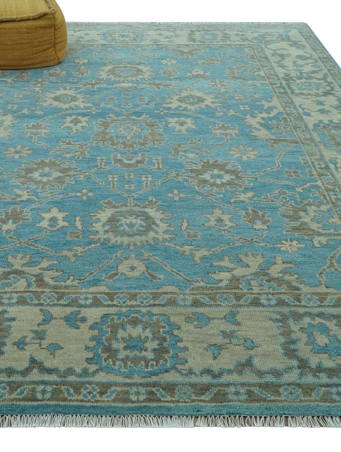Origin Custom Made Blue and Beige Oushak Hand Knotted Wool Rug