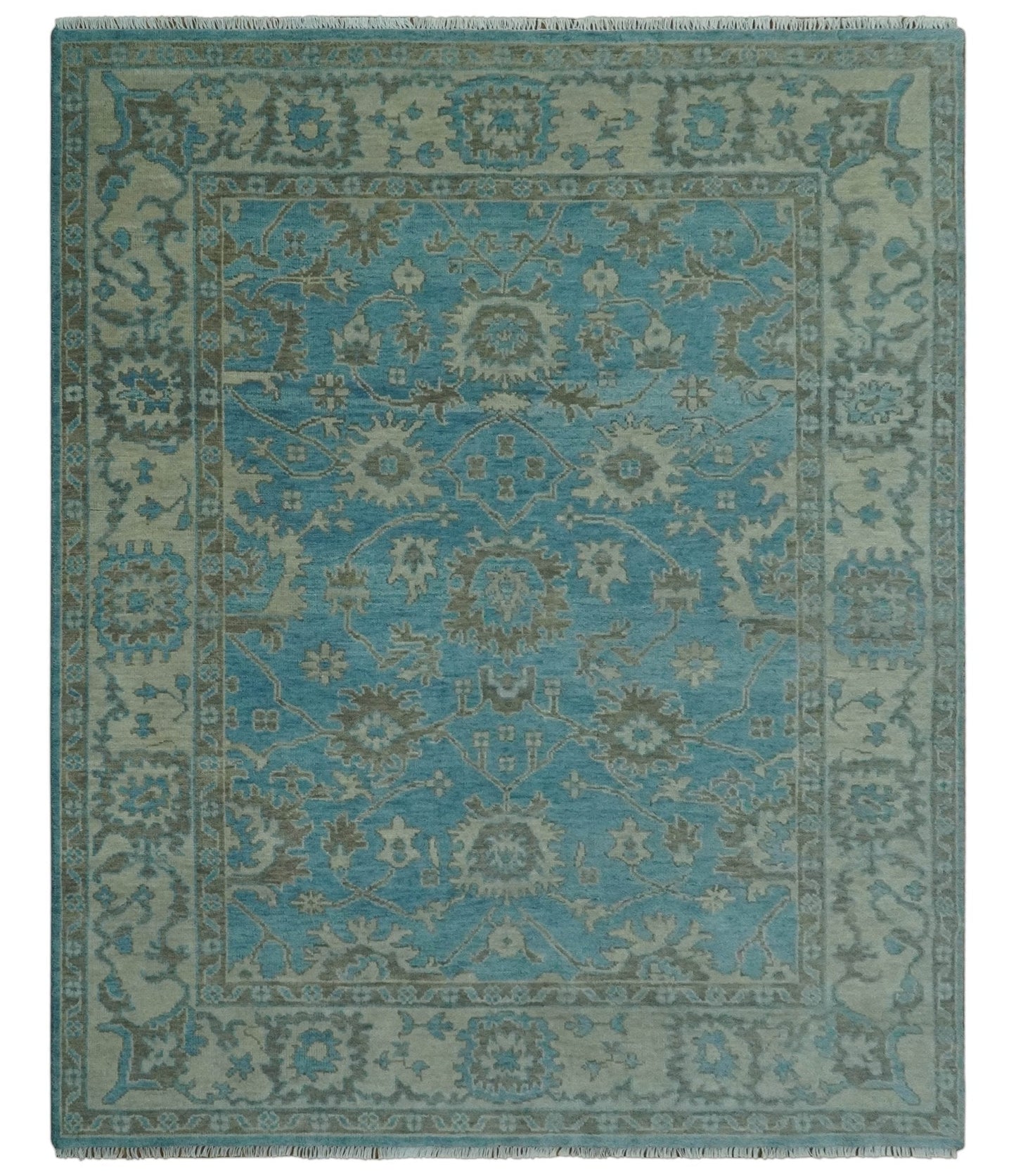 Origin Custom Made Blue and Beige Oushak Hand Knotted Wool Rug