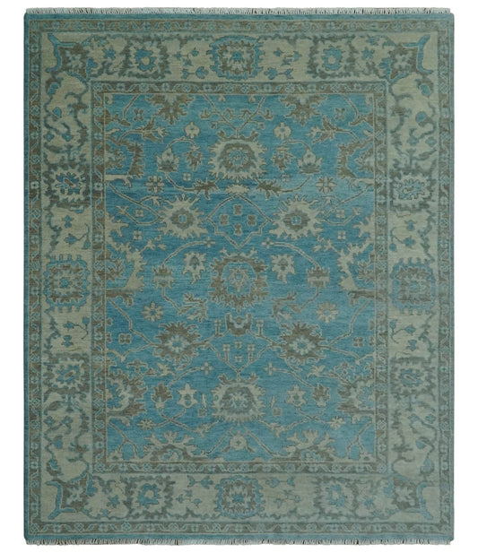 Origin Custom Made Blue and Beige Oushak Hand Knotted Wool Rug