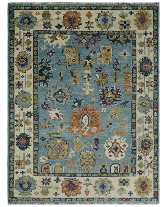Oushak Hand Knotted Blue and Ivory Traditional Wool Multi Size wool Area Rug