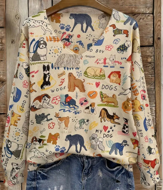 Anytime Crystals Tan Dog Breeds Print Lightweight V-Neck Sweater