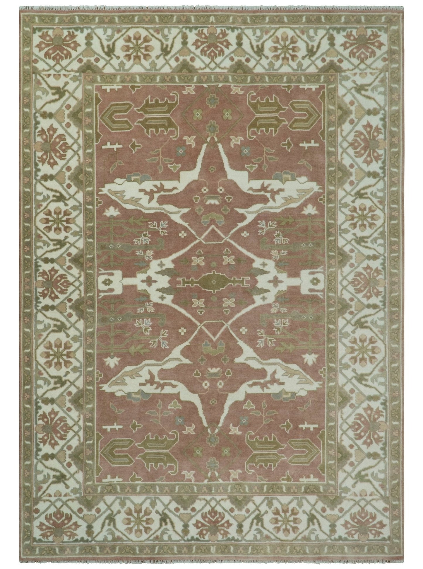 Peach, Ivory and Olive Hand knotted Multi size Oriental Oushak Traditional Wool Area Rug