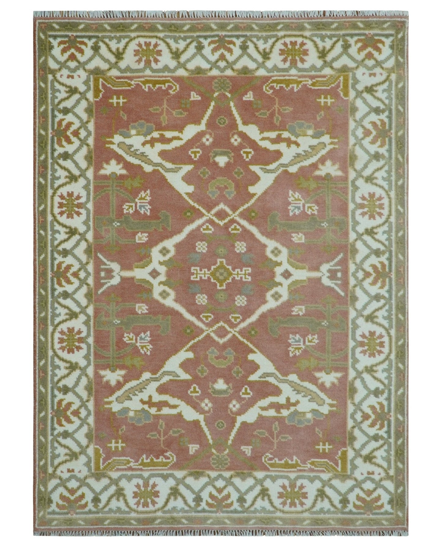 Peach, Ivory and Olive Hand knotted Multi size Oriental Oushak Traditional Wool Area Rug