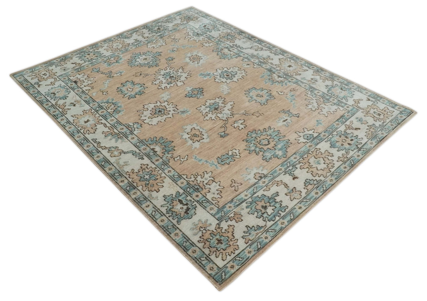 Peach, Ivory and Teal Hand knotted Traditional Oushak Multi Size wool Area Rug