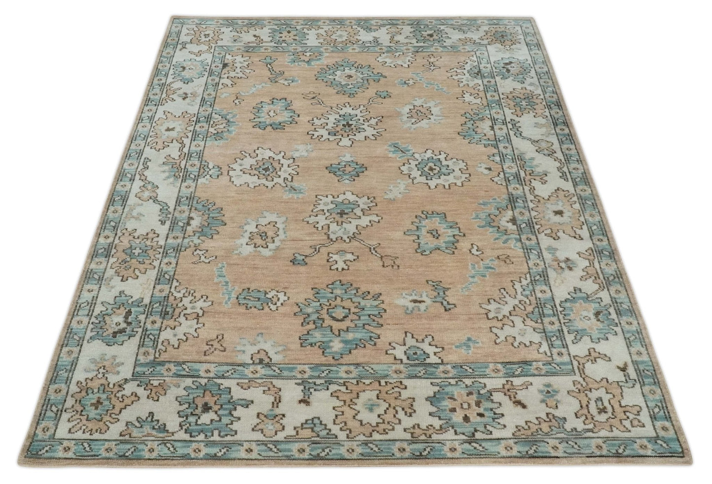 Peach, Ivory and Teal Hand knotted Traditional Oushak Multi Size wool Area Rug