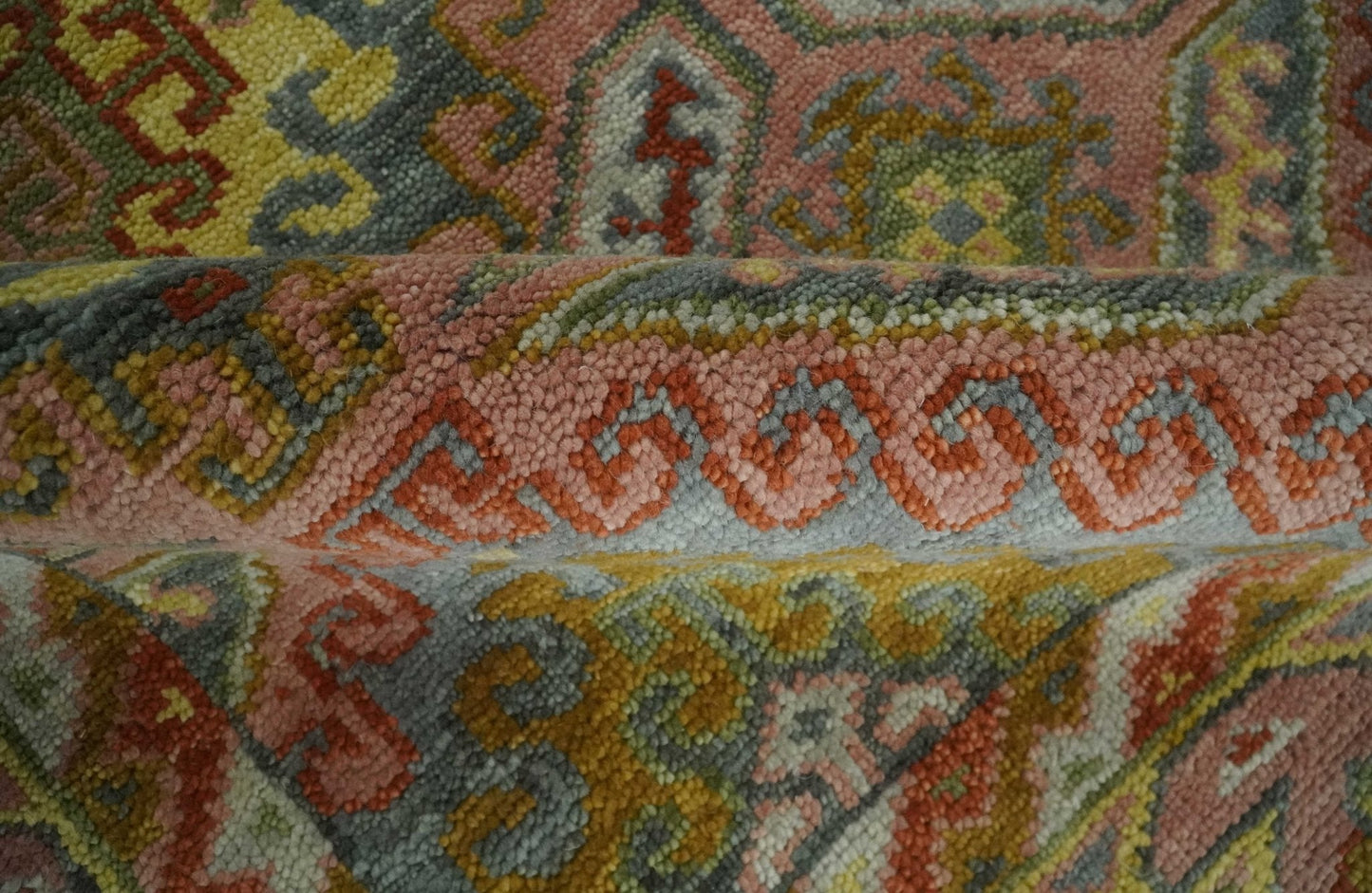 Peach, Mustard, Brown and Gray Oriental Hand Knotted Multi Size Wool Area Rug, Living Room and Bedroom Rug