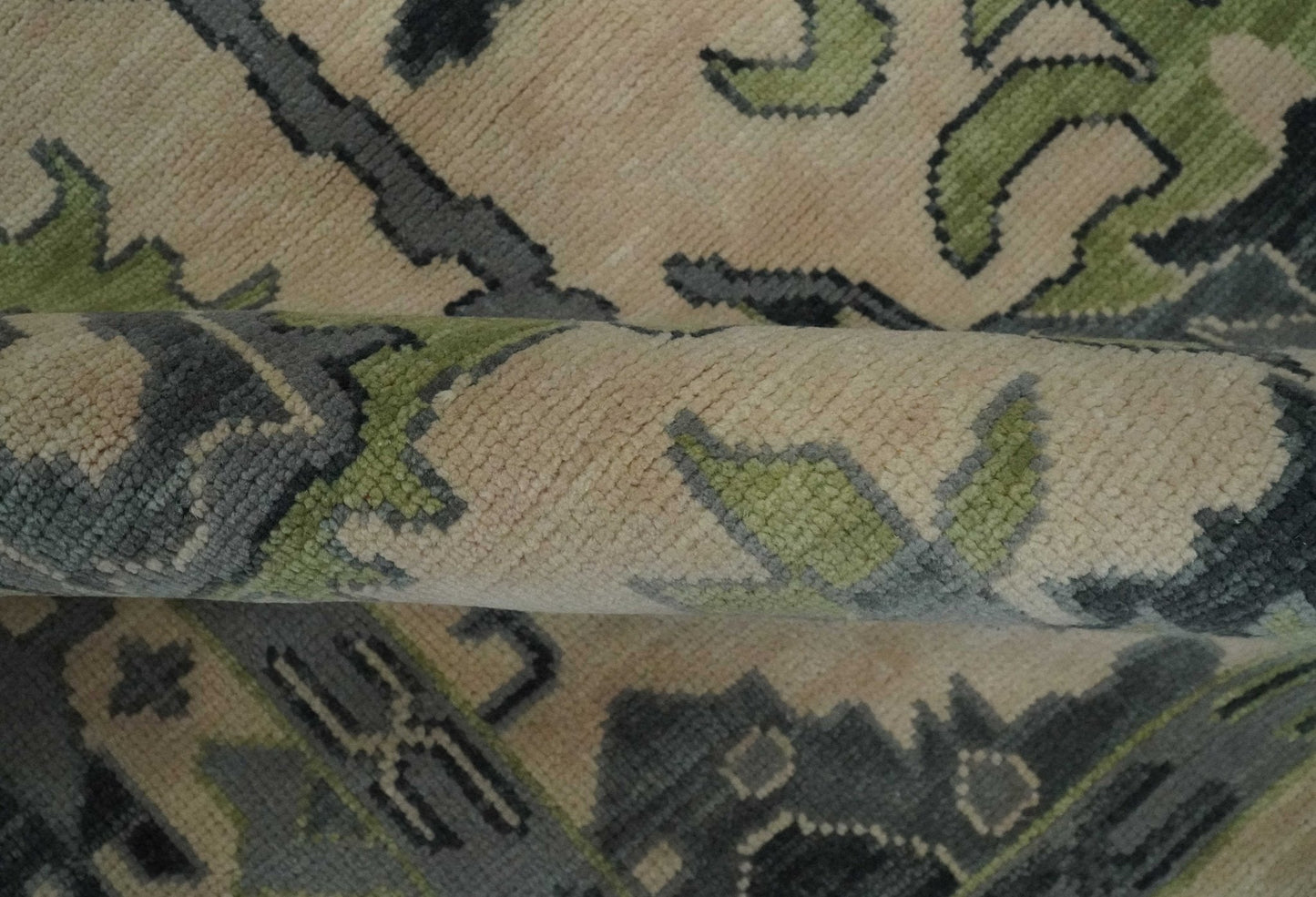 Beige, Charcoal and Green Hand knotted Oushak Traditional Wool Area Rug