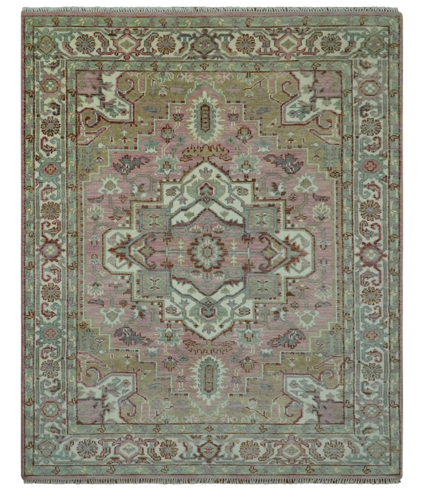Pink, Ivory and Olive Hand Knotted Traditional Custom Made Size wool Rug