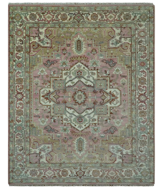 Pink, Ivory and Olive Hand Knotted Traditional Custom Made Size wool Rug