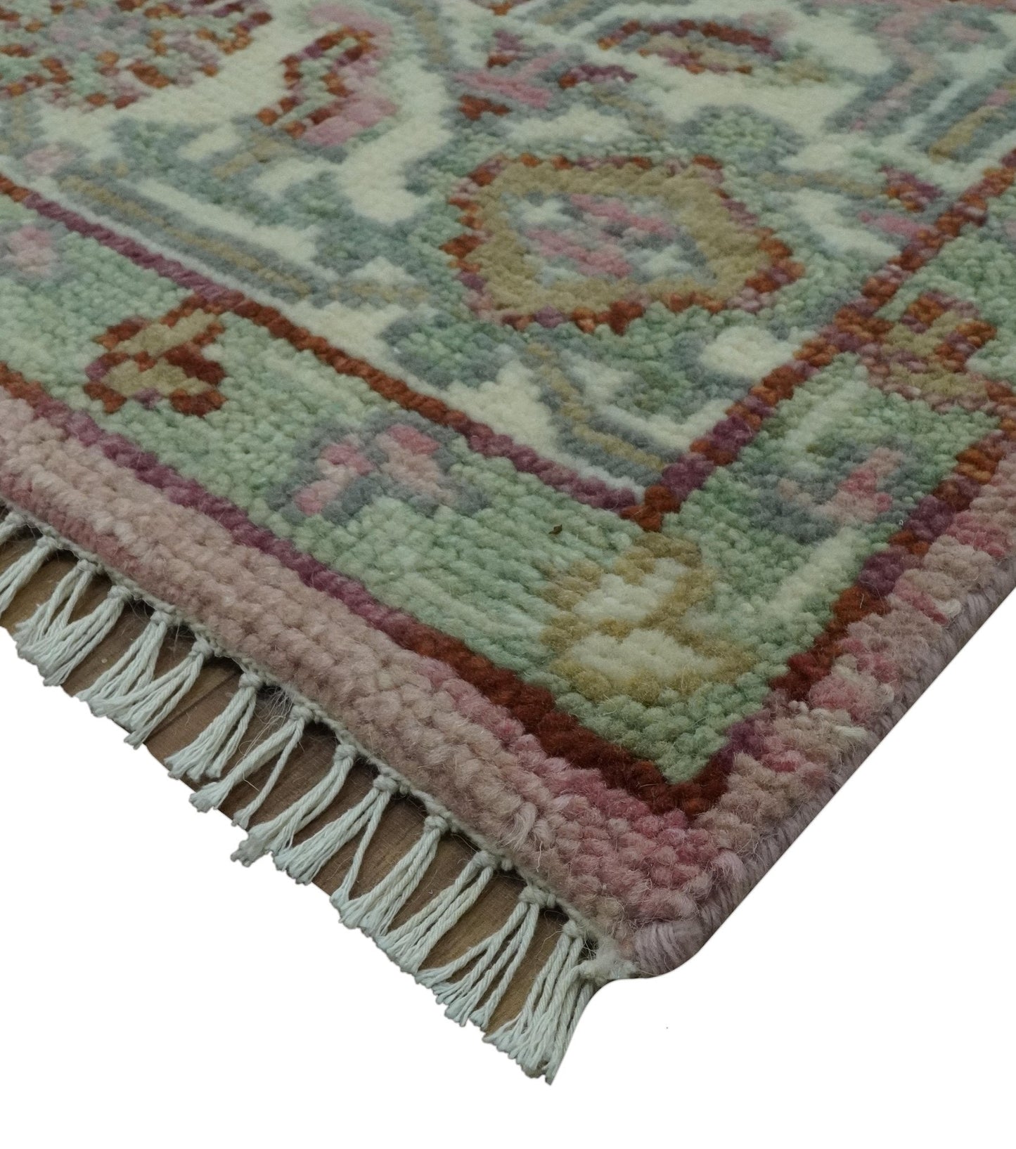 Pink, Ivory and Olive Hand Knotted Traditional Custom Made Size wool Rug