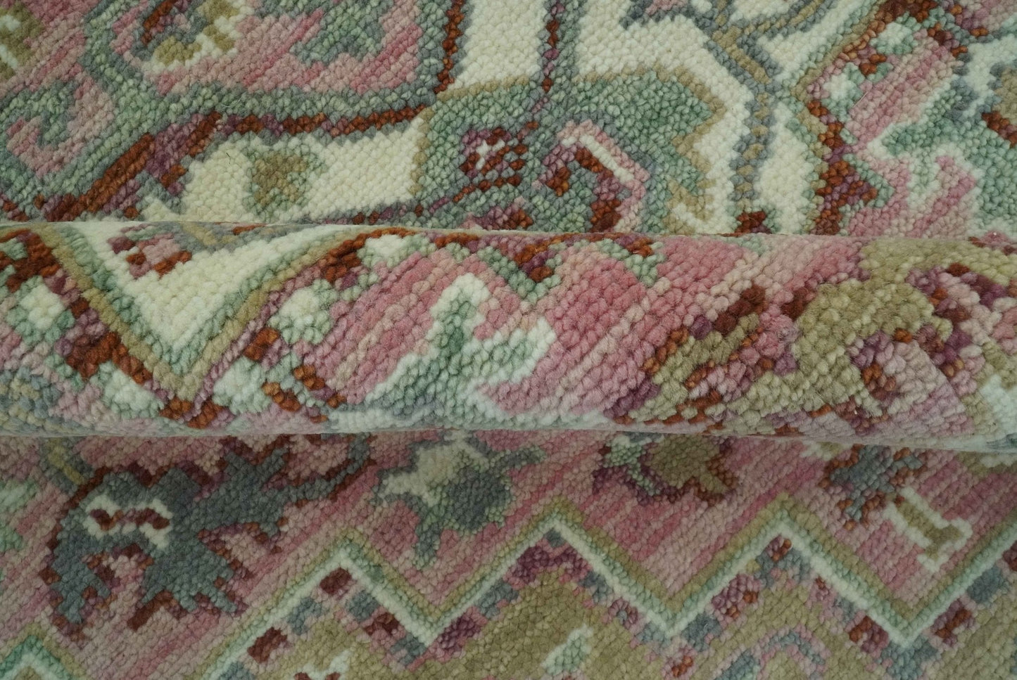 Pink, Ivory and Olive Hand Knotted Traditional Custom Made Size wool Rug