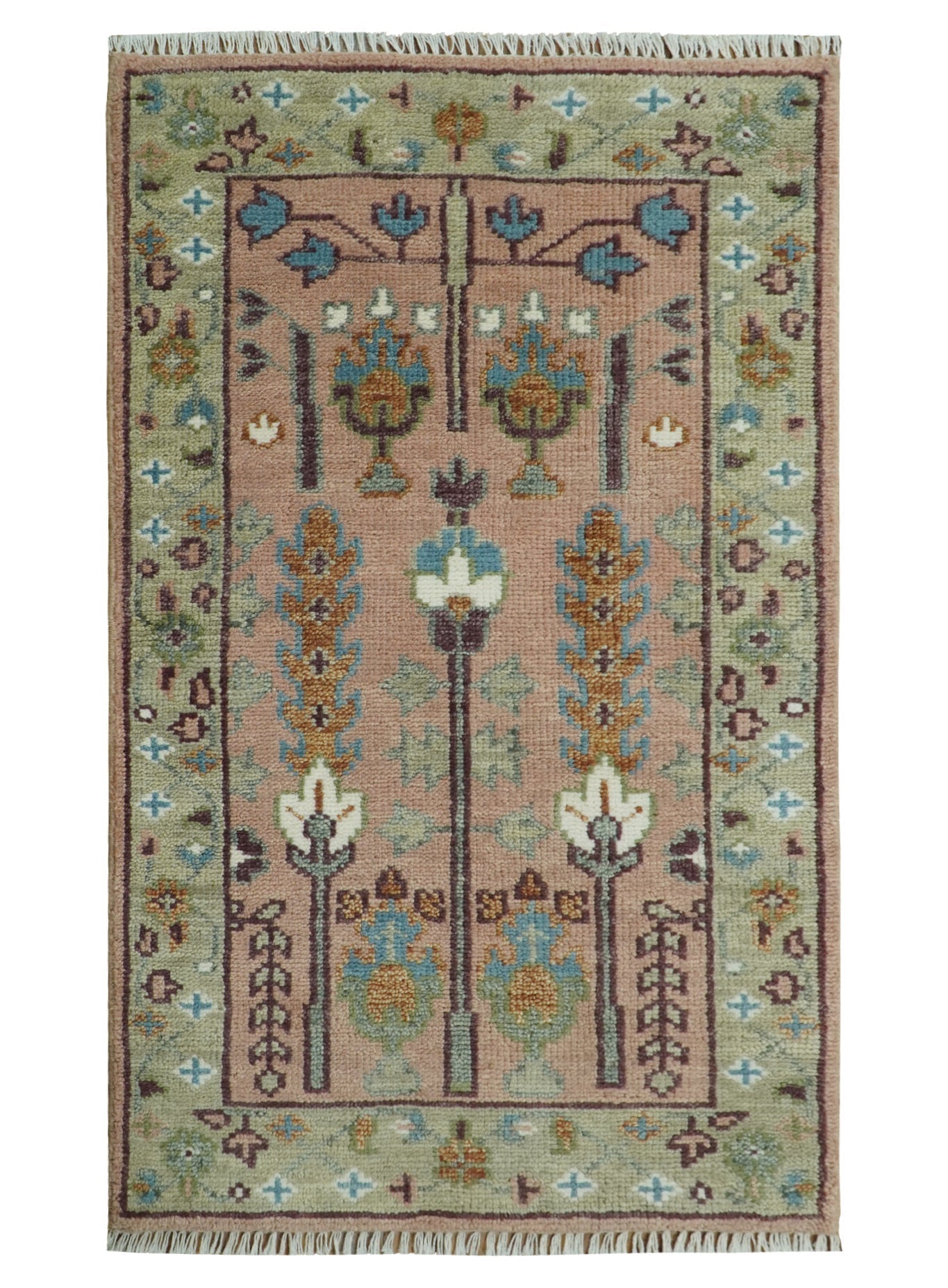 Pink, Olive and Beige Traditional Vintage Heriz Serapi Wool Rug
