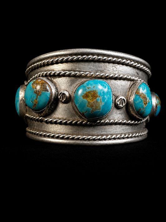 Vintage Sterling Silver Turquoise Cuff Bracelet Wide Southwestern Navajo Style Statement Bracelet 6.5”
