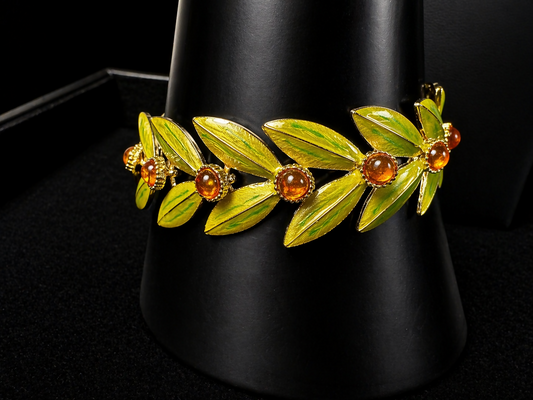 7.5” Vintage Enamel Leaf Bracelet Golden Green with Amber colored Cabochons