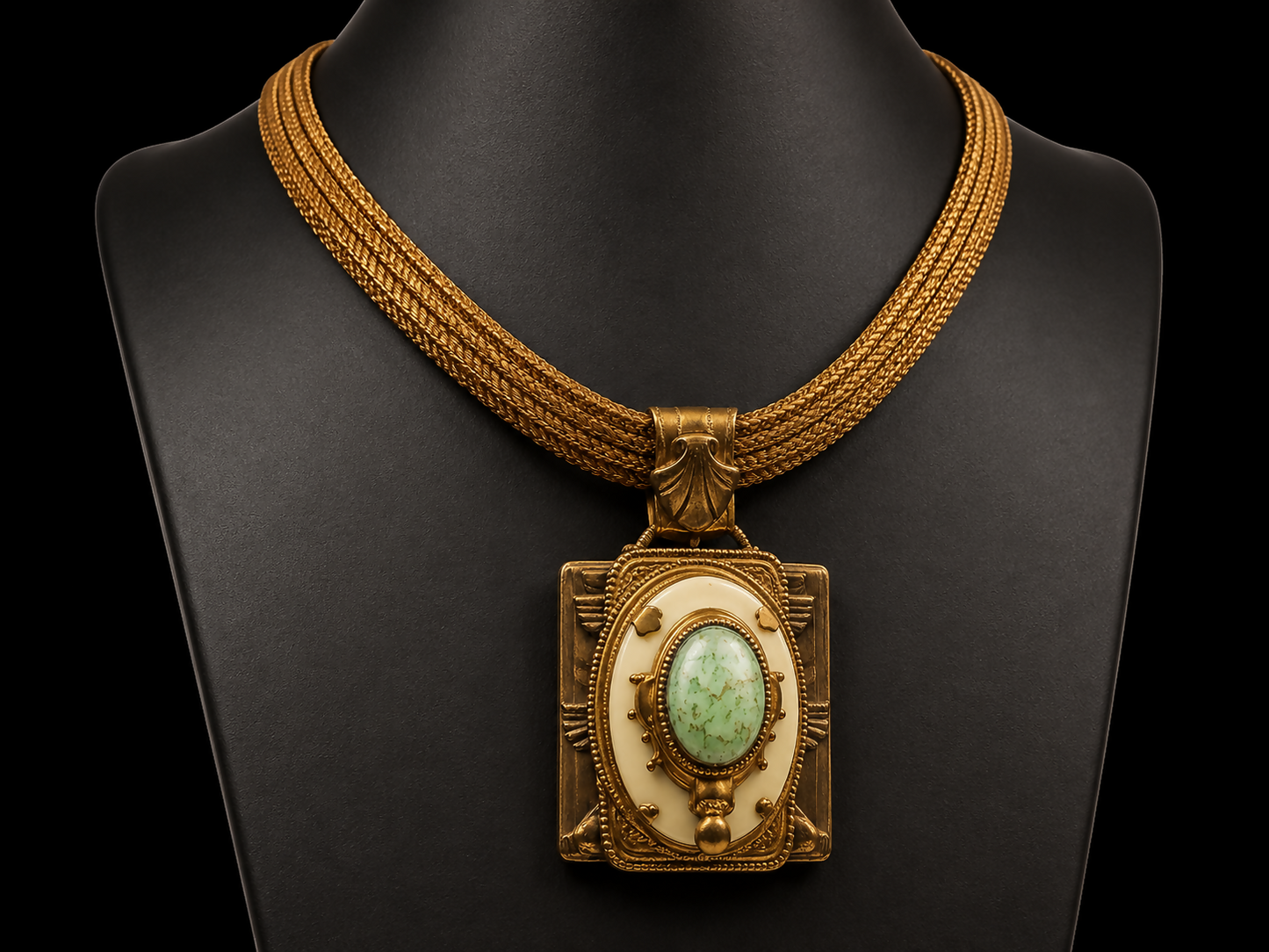Vintage Egyptian Revival Statement Necklace 15” | Multi-Strand Gold Tone Mesh Collar with Stone Cabochon Pendant 2.2”