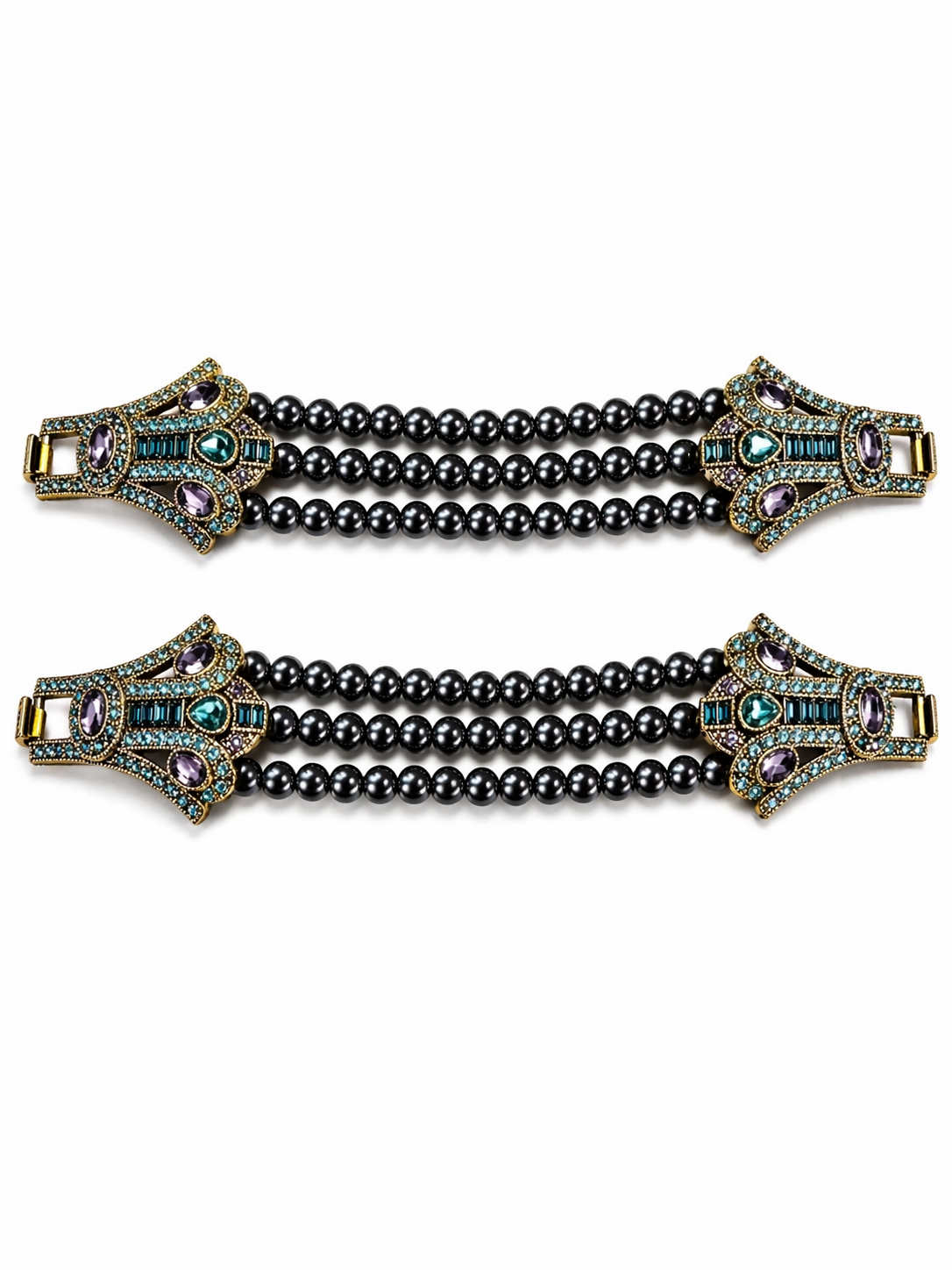 Heidi Daus “Age of Elegance” Multi Strand Crystal and Faux Black Pearl Necklace 26” with 2 Coordinating Statement Bracelets 6.5”