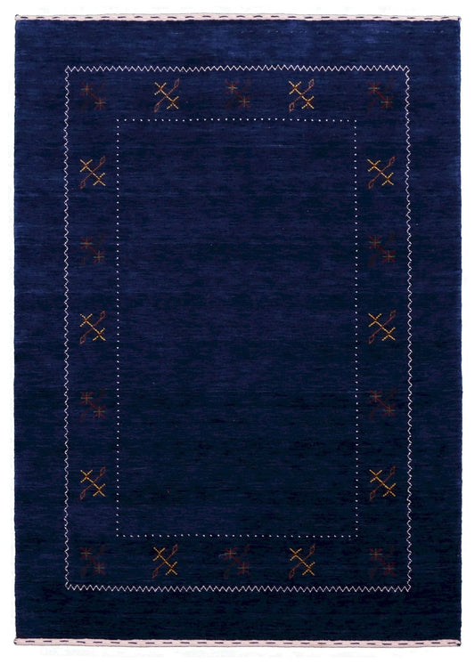 Blue Tribal Border Design Hand Loomed Wool Area Rug