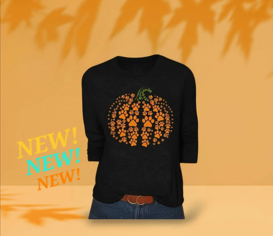 Anytime Crystals Women's Long Sleeve Shirt Paw Print Pumpkin