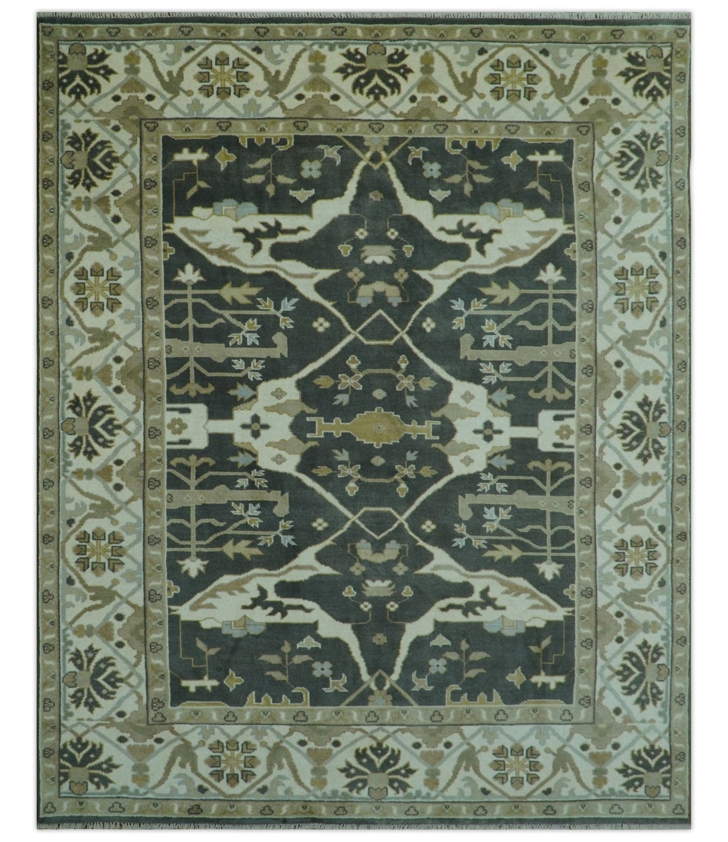 Richmond Custom Made Charcoal and Beige Hand Knotted Oushak wool Area Rug