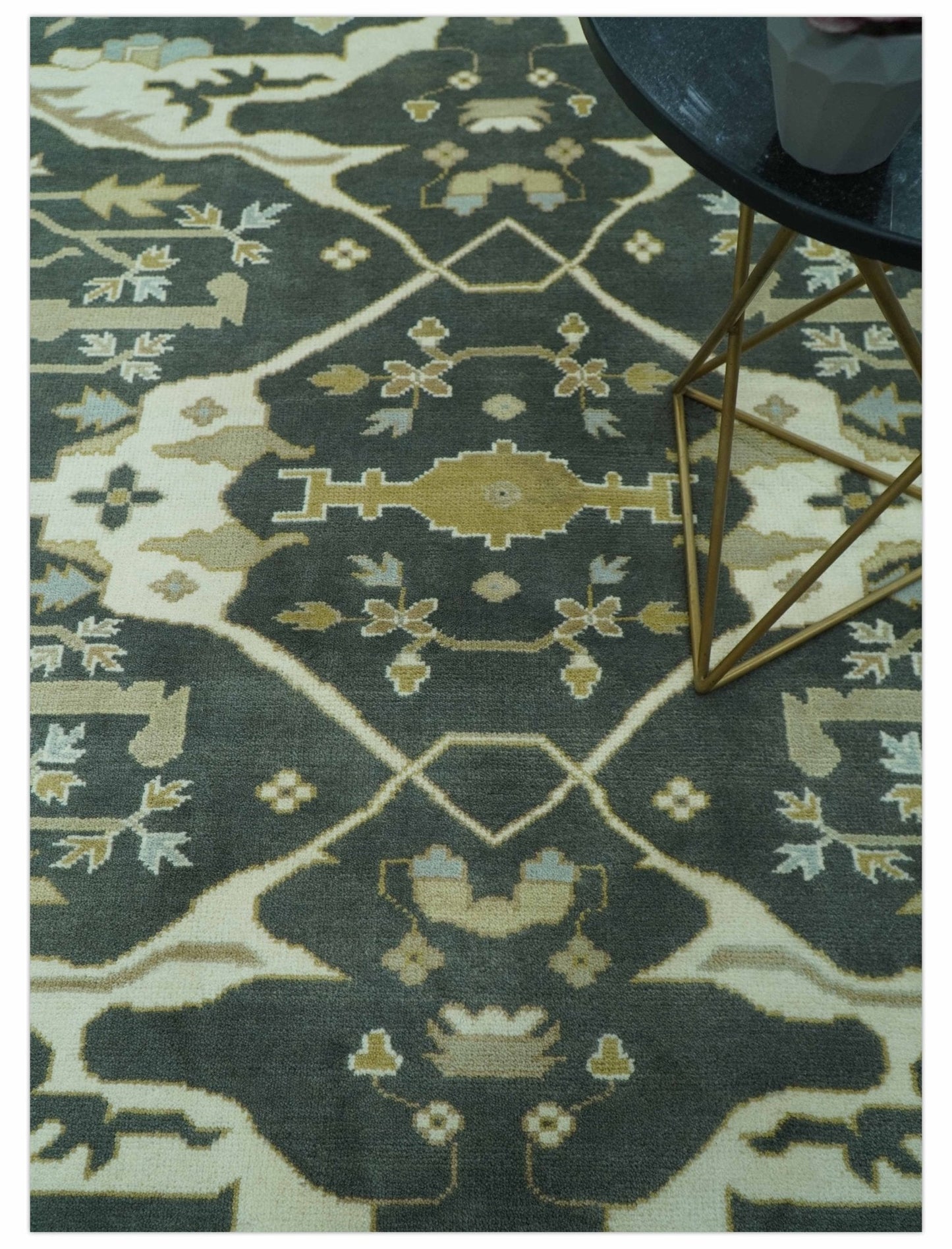 Richmond Custom Made Charcoal and Beige Hand Knotted Oushak wool Area Rug
