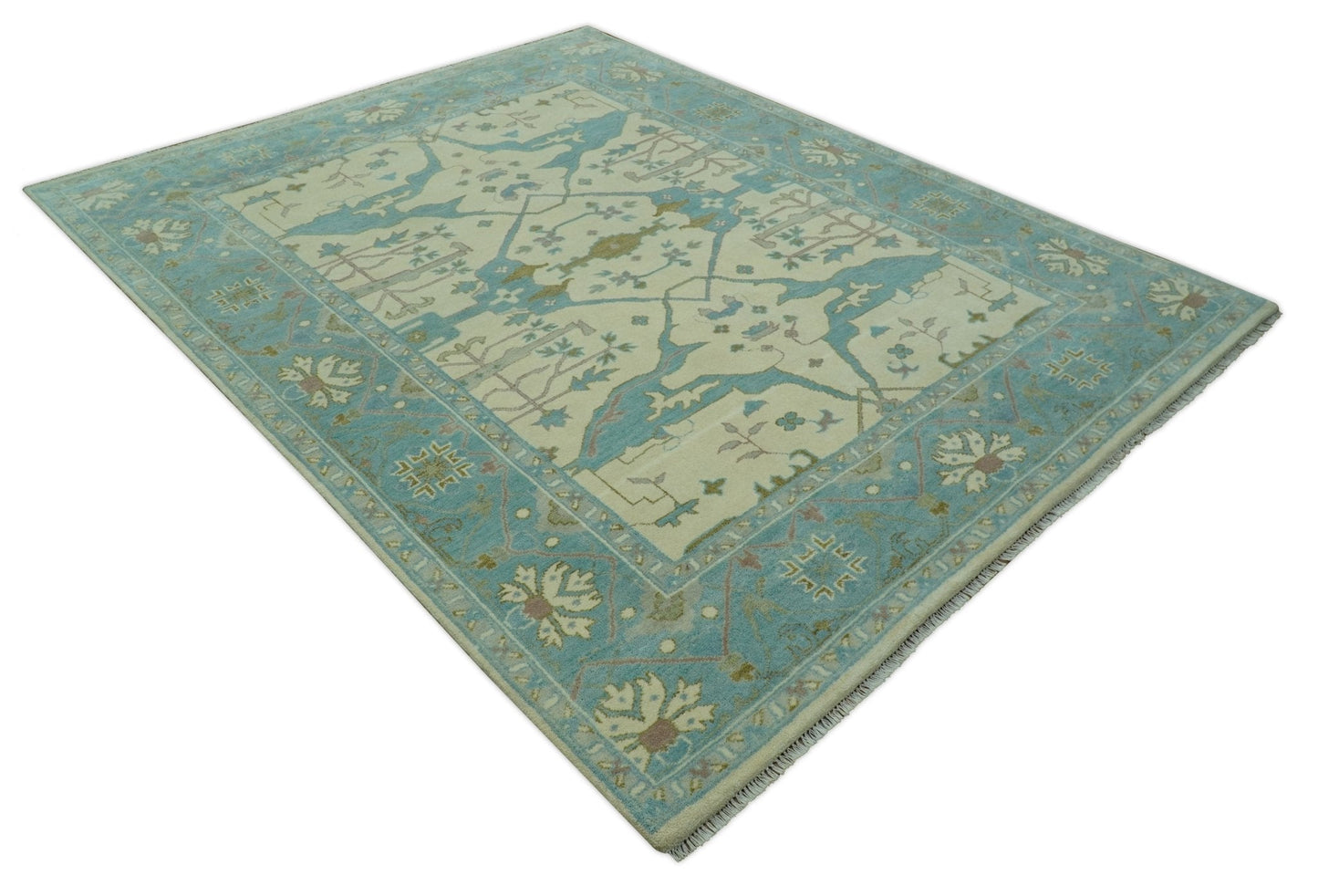Richmond Custom Made Ivory and Teal Hand Knotted Oushak Wool Rug