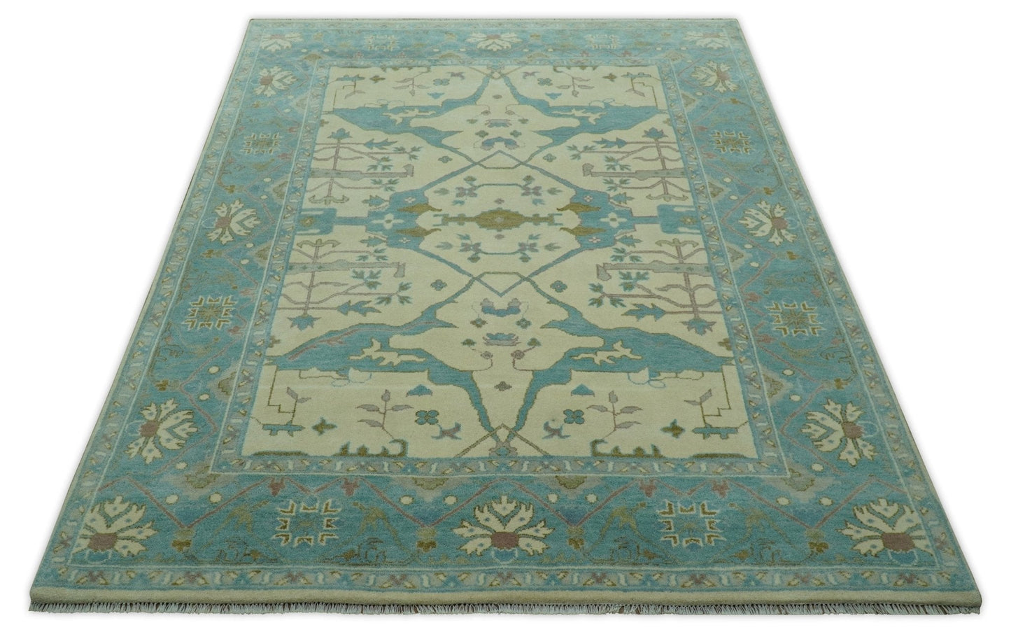 Richmond Custom Made Ivory and Teal Hand Knotted Oushak Wool Rug