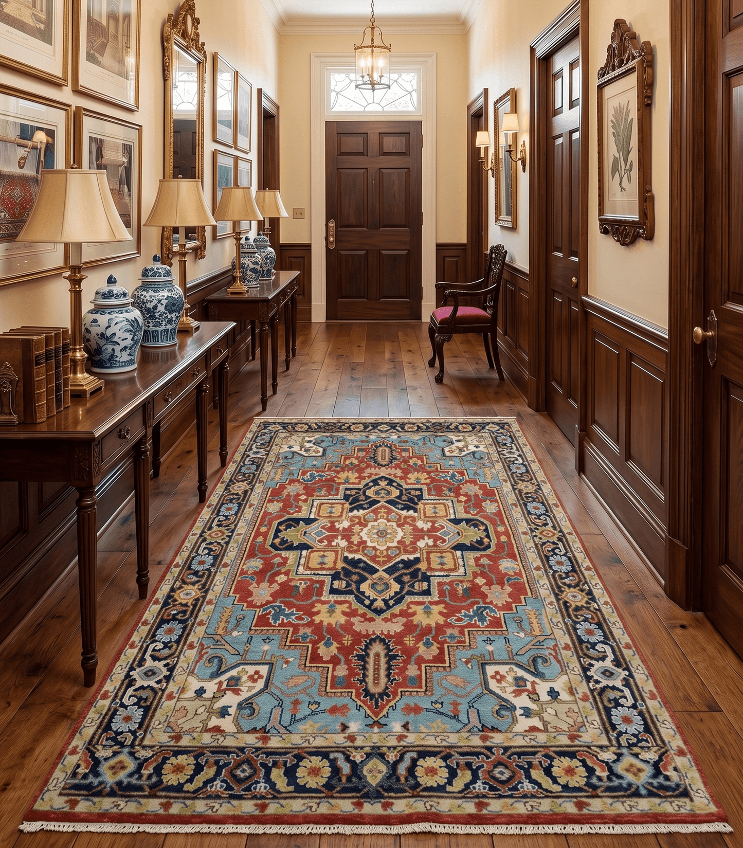 Rust And Blue Traditional Medallion Hand Knotted Wool Area Rug