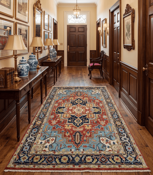 Rust And Blue Traditional Medallion Hand Knotted Wool Area Rug