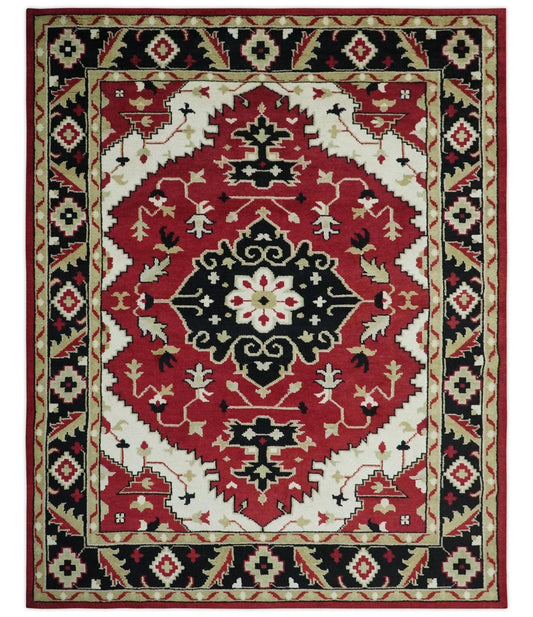 Rust, Ivory, Black and Beige Hand Knotted Traditional Heriz Multi Size wool area Rug
