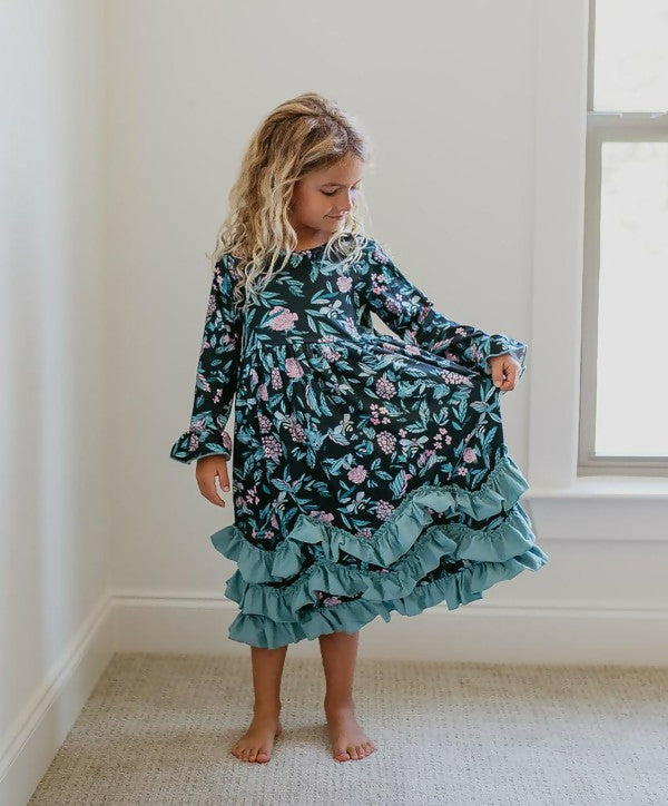 Girls Floral Long Sleeve Ruffle Dress