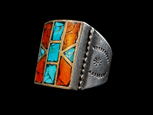 Southwest Mosaic Inlay Statement Sterling Ring Turquoise Orange Tribal Artisan 12.5