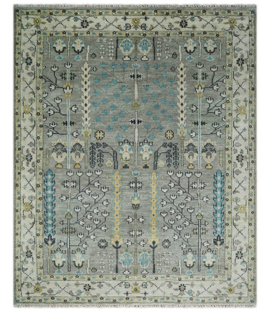 Tree of life Silver and Ivory Hand Knotted Traditional Oushak Multi Size Wool Area Rug