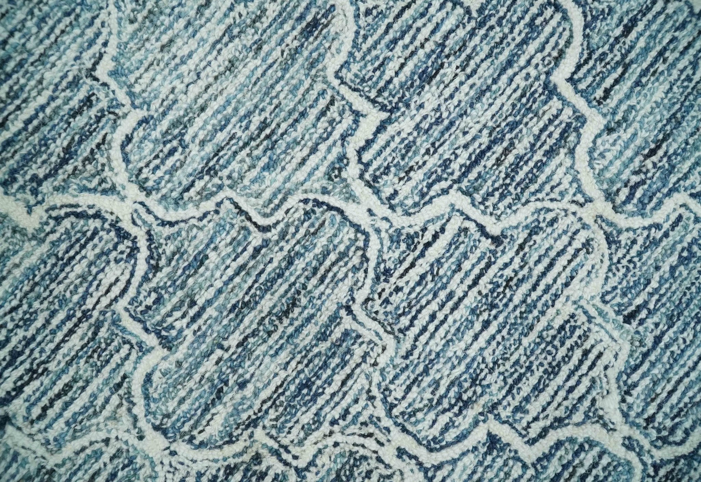 Silver, Blue and Ivory Modern Geometric Hand Tufted Multi Size Natural Wool Rug
