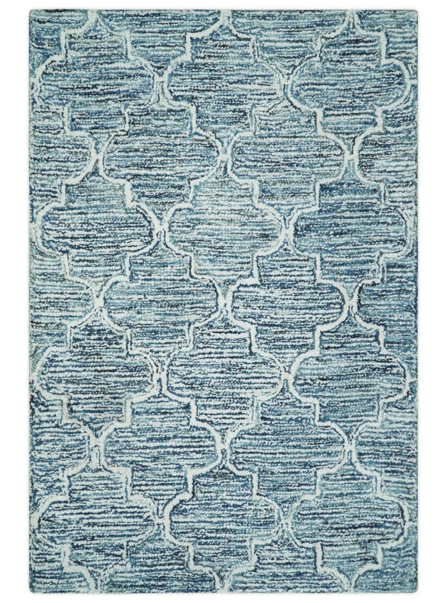 Silver, Blue and Ivory Modern Geometric Hand Tufted Multi Size Natural Wool Rug