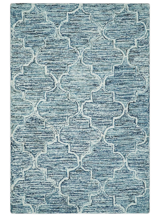 Silver, Blue and Ivory Modern Geometric Hand Tufted Multi Size Natural Wool Rug