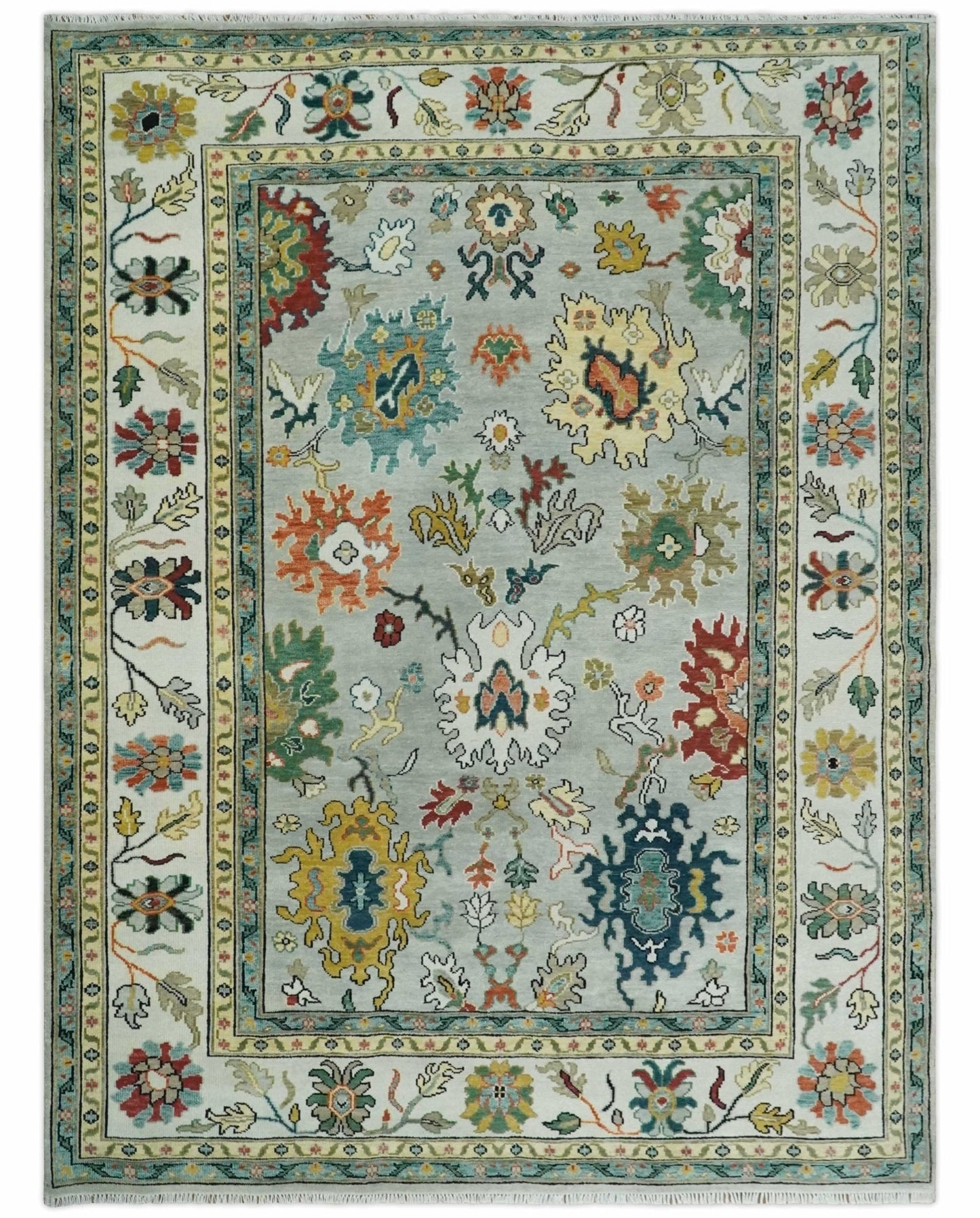 Silver, Ivory and Beige vibrant Colorful Hand knotted Multi Size Traditional Oushak wool Rug