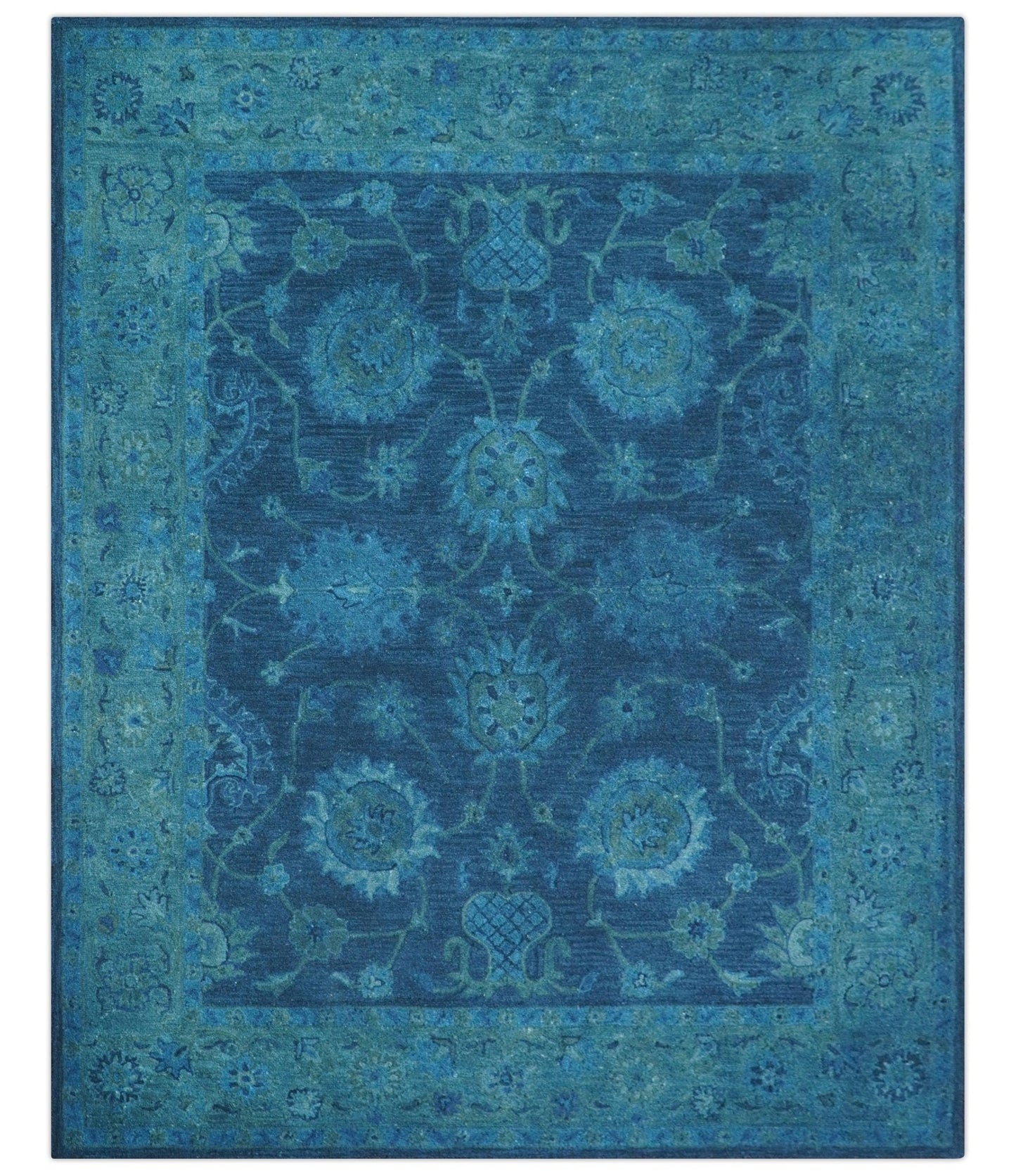 Sky Custom Made Blue Traditional Oushak Design Overdyed Wool Rug