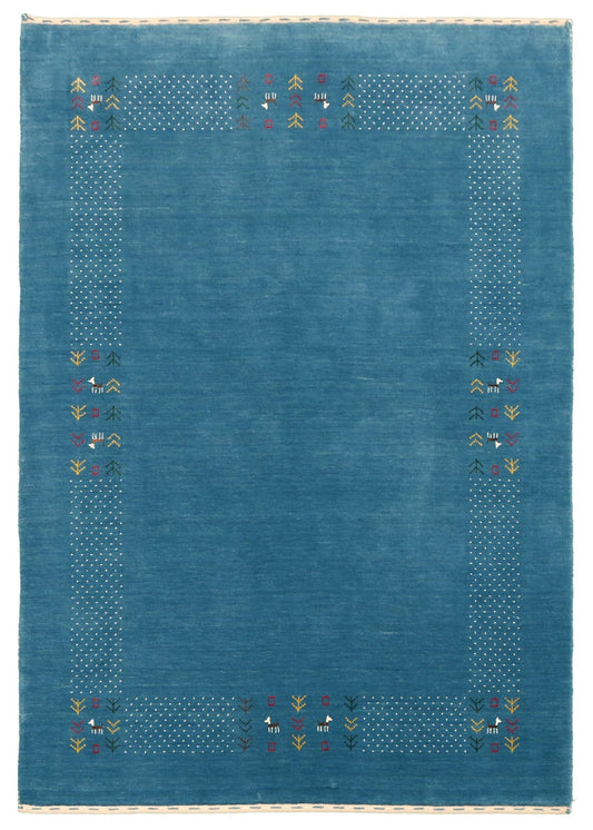Solid Blue Border Design Hand Loomed Wool Area Rug