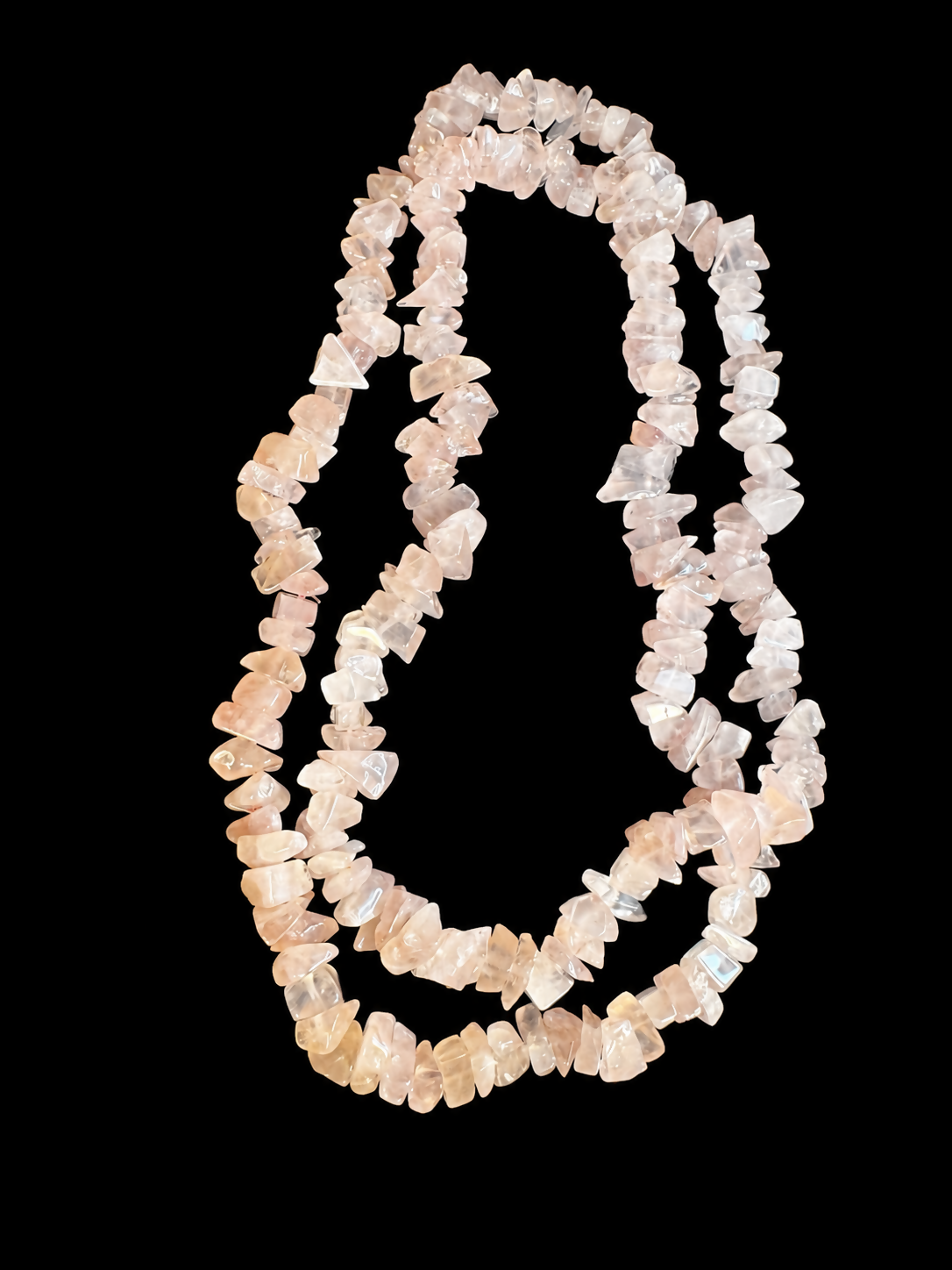 Vintage Rose Quartz Chip Necklace 34” Long Pink Crystal Endless Strand Boho Jewelry